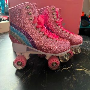Sugar Thrillz Pink Glitter Quad Roller Skates with Blue & Purple Stripes